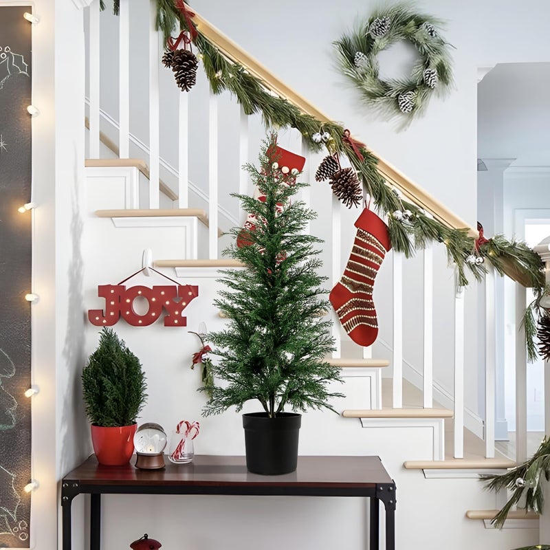 Kunjocy 3FT Artificial Cedar Topiary Trees for Indoor Outdoors, Potted Fake Cypress Christmas Trees Faux Cedar Pines Evergreen Plants for Home Front Porch Decor (1, Green) - Image 3