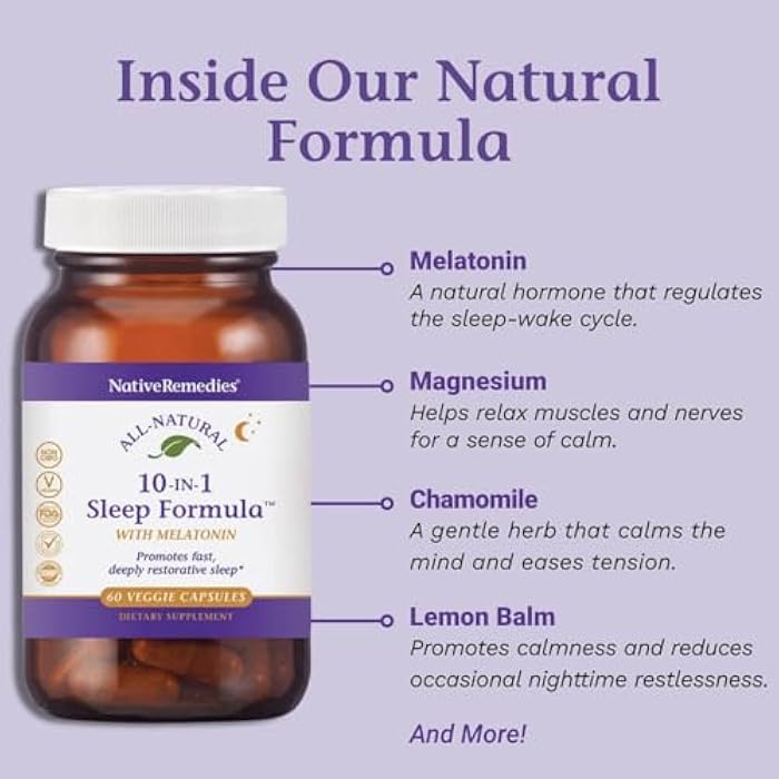Native Remedies 10-in-1 Natural Sleep Aid for Adults & Kids 4+ – Herbal Sleep Supplement with Melatonin 5mg, Magnesium, Valerian Root, Chamomile & L-Tryptophan – Non-Habit Forming, Vegan, 60 Capsules - Image 5
