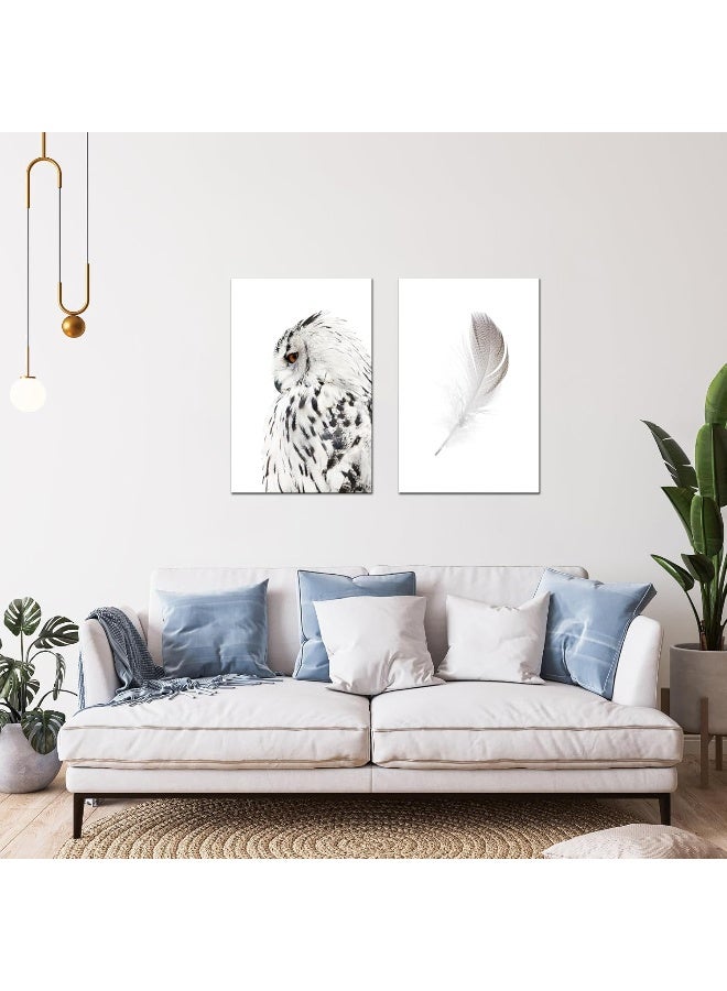 Home Trove Contemporary Wall Art Canvas Grey Owl Pictures For Living Room Feather Paintings Modern Animal Prints Giclee Artwork Stretched Ready To Hang, Each Piece 16X24 Inch  - Image 2