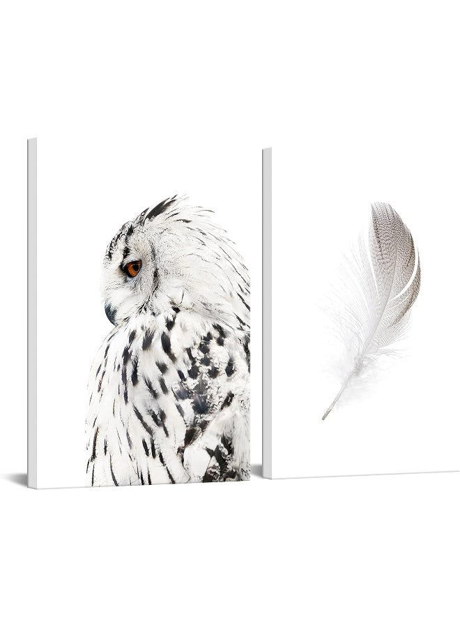 Home Trove Contemporary Wall Art Canvas Grey Owl Pictures For Living Room Feather Paintings Modern Animal Prints Giclee Artwork Stretched Ready To Hang, Each Piece 16X24 Inch  - Image 1