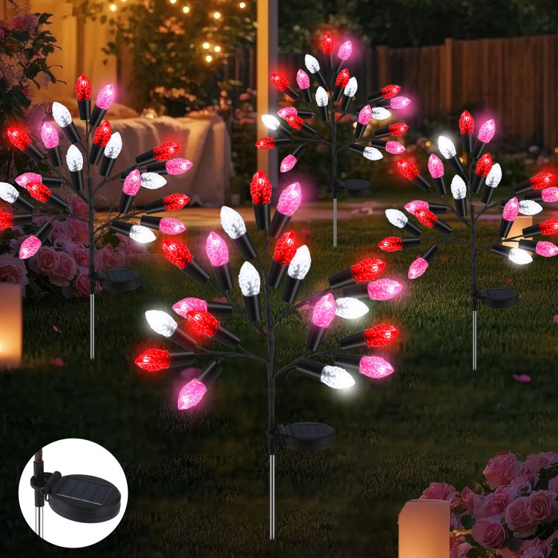 Glooglitter 4 Pcs Valentine's Day Outdoor Decoration Solar Pathway Lights 28" Pink Stake Light Waterproof 8 Modes 80 Heart Shape LEDs for Yard Walkway Path Garden Patio Valentine Decor - Image 1