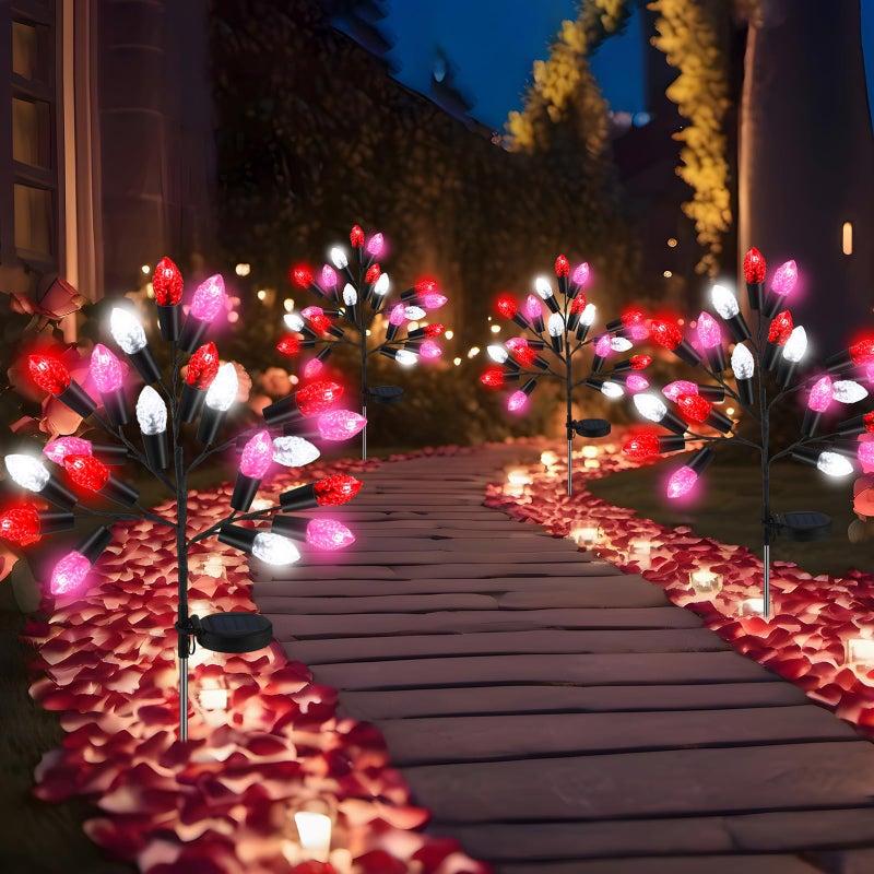 Glooglitter 4 Pcs Valentine's Day Outdoor Decoration Solar Pathway Lights 28" Pink Stake Light Waterproof 8 Modes 80 Heart Shape LEDs for Yard Walkway Path Garden Patio Valentine Decor - Image 5