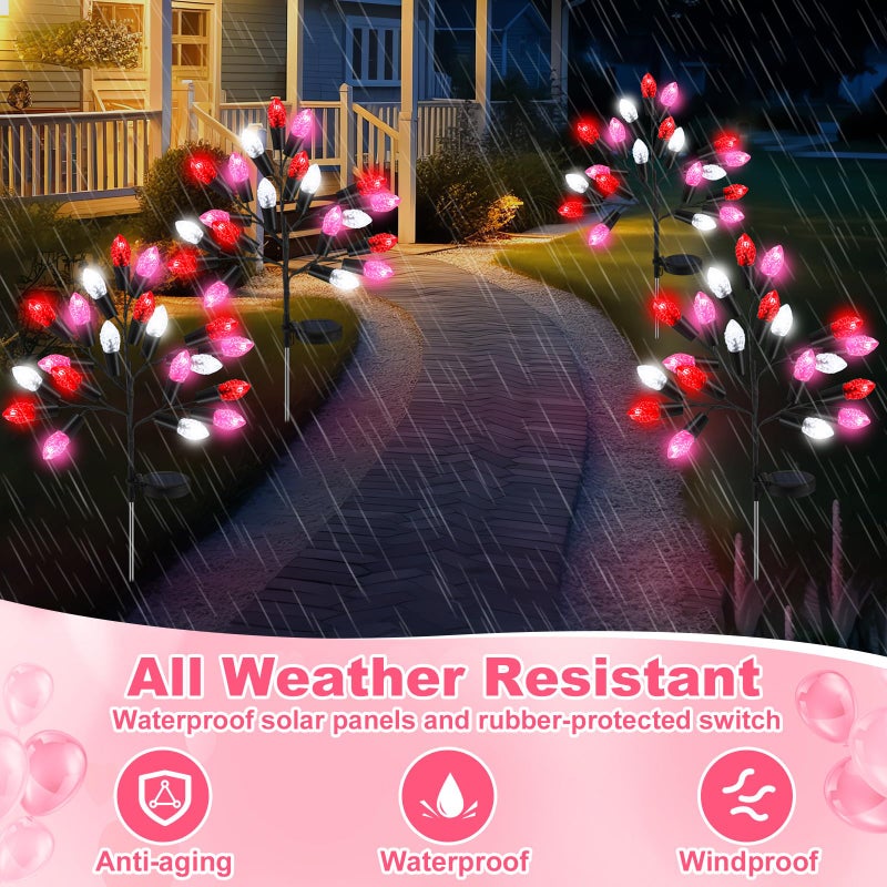 Glooglitter 4 Pcs Valentine's Day Outdoor Decoration Solar Pathway Lights 28" Pink Stake Light Waterproof 8 Modes 80 Heart Shape LEDs for Yard Walkway Path Garden Patio Valentine Decor - Image 4