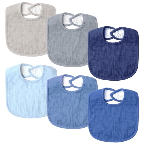POIKSHARK 6-Pack Muslin Baby Bibs for Unisex Boys Girls, Solid Colors, Drooling and Teething Bibs for Infant, Newborn, Soft Cotton Baby Drool Bibs - Blue - Image 1