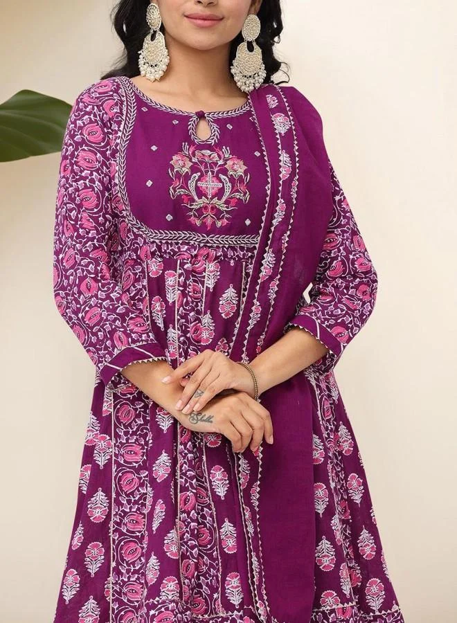 ISHIN Women's Purple 100% Cotton Embroidered Tunic Full Length Palazzo Straight Fit Kurta Set