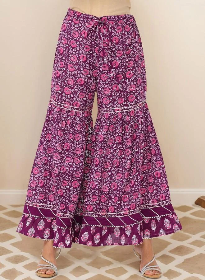 ISHIN Women's Purple 100% Cotton Embroidered Tunic Full Length Palazzo Straight Fit Kurta Set