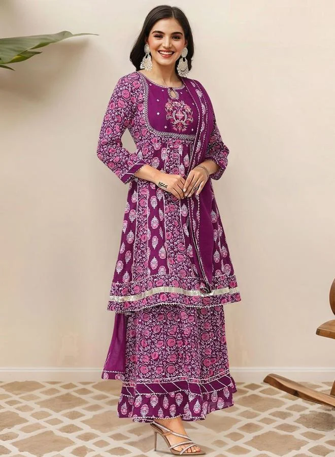 ISHIN Women's Purple 100% Cotton Embroidered Tunic Full Length Palazzo Straight Fit Kurta Set