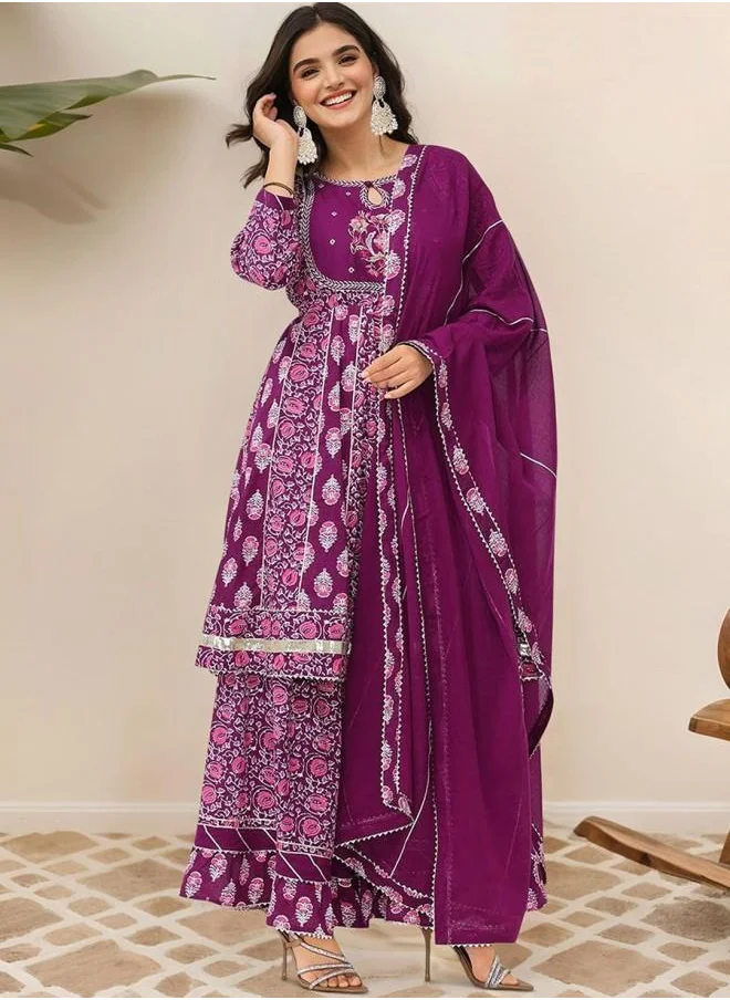ISHIN Embroidered Women Purple Cotton Kurta Set with Embroidered pattern Tunic and Palazzo features a Round neckline and Three-Fourth Sleeve secured with Elastic closure and styled in Straight Fit ideal for Festive moments — perfect for fashion-forward occasions.