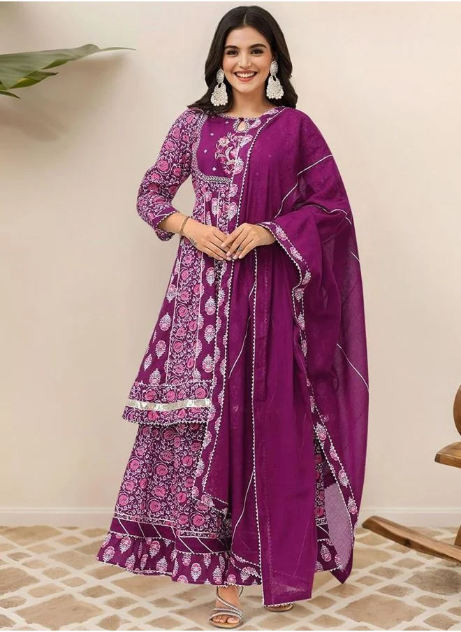 ISHIN Embroidered Women Purple Cotton Kurta Set with Embroidered pattern Tunic and Palazzo features a Round neckline and Three-Fourth Sleeve secured with Elastic closure and styled in Straight Fit ideal for Festive moments — perfect for fashion-forward occasions.