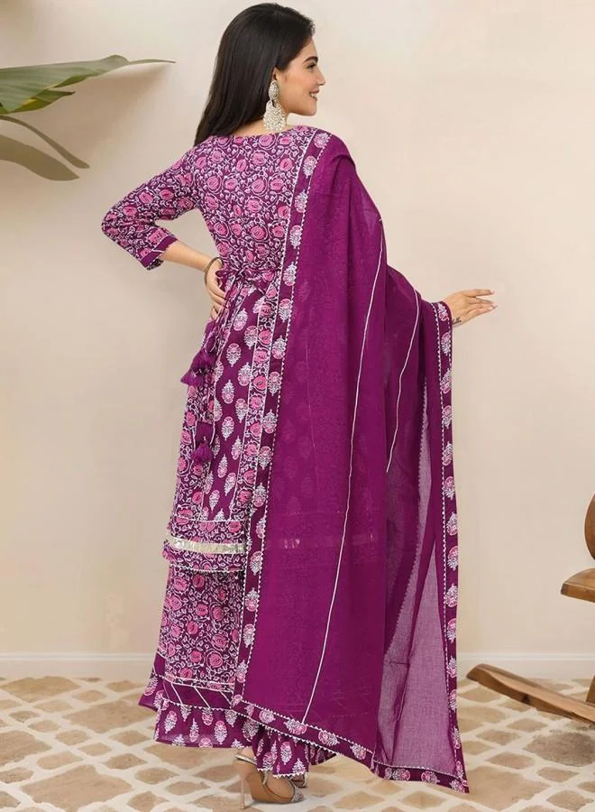 ISHIN Women's Purple 100% Cotton Embroidered Tunic Full Length Palazzo Straight Fit Kurta Set