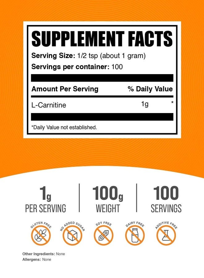 BulkSupplements.com L-Carnitine Powder - Carnitine Supplement, Amino Acid Supplement - Unflavored & Gluten Free, 1g per Serving, 100g (3.5 oz) (Pack of 1) - Image 2