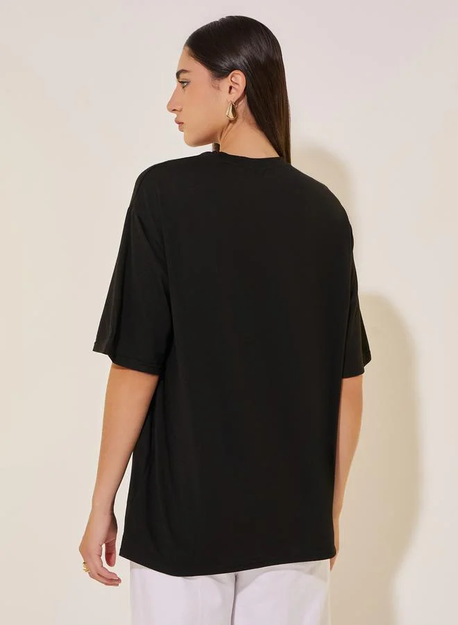 تايك تو Embroidered Detail Round Neck Oversized T-Shirt