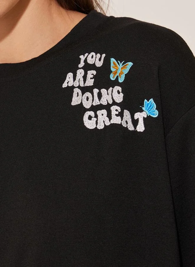 تايك تو Embroidered Detail Round Neck Oversized T-Shirt