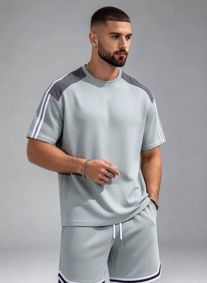 Take Two Active Men Oversized Grey Side Stripe Sports T-Shirt and Shorts Set