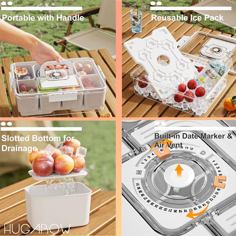 Hugabow Portable Snackle Box Container with Ice Pack, Cooling Travel Charcuterie Box with Lid, Snack Cooler with Divided Serving Tray, with 8 Compartments & Drain Trays, for Outdoor Parties, Picinics - Image 3