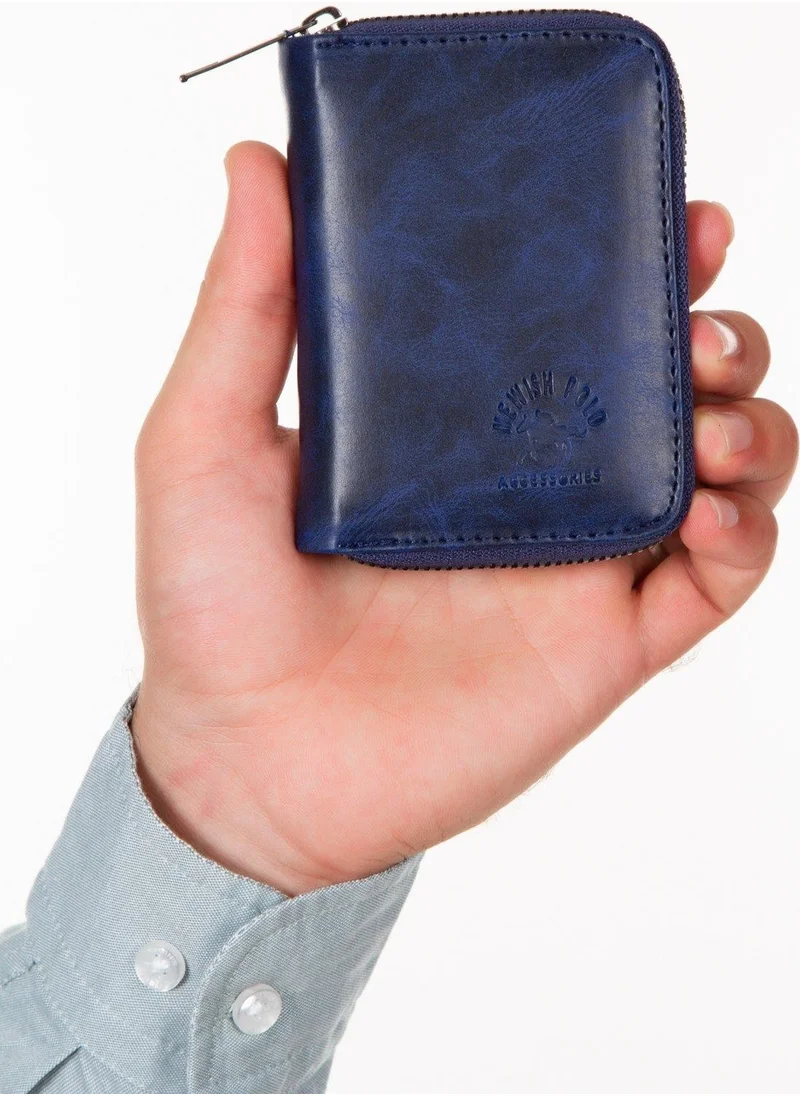 Newish Polo Newishpolo Crazy Vegan Leather Zippered Wallet with Banknotes and Card Holder Navy Blue