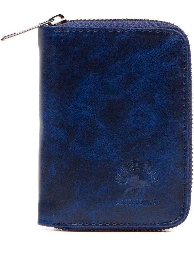 Newish Polo Newishpolo Crazy Vegan Leather Zippered Wallet with Banknotes and Card Holder Navy Blue