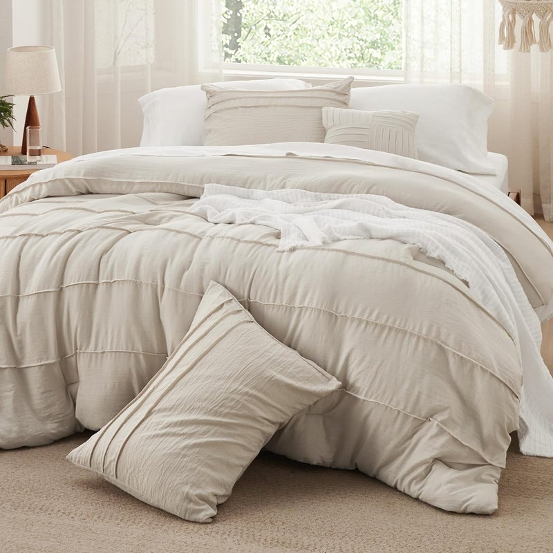 Bedsure Queen Comforter Set - 4 Pieces Pinch Pleat Bed Set, Beige Boho Bedding for All Season, 1 Soft Comforter, 2 Pillowcases, 1 Decorative Pillow - Image 1