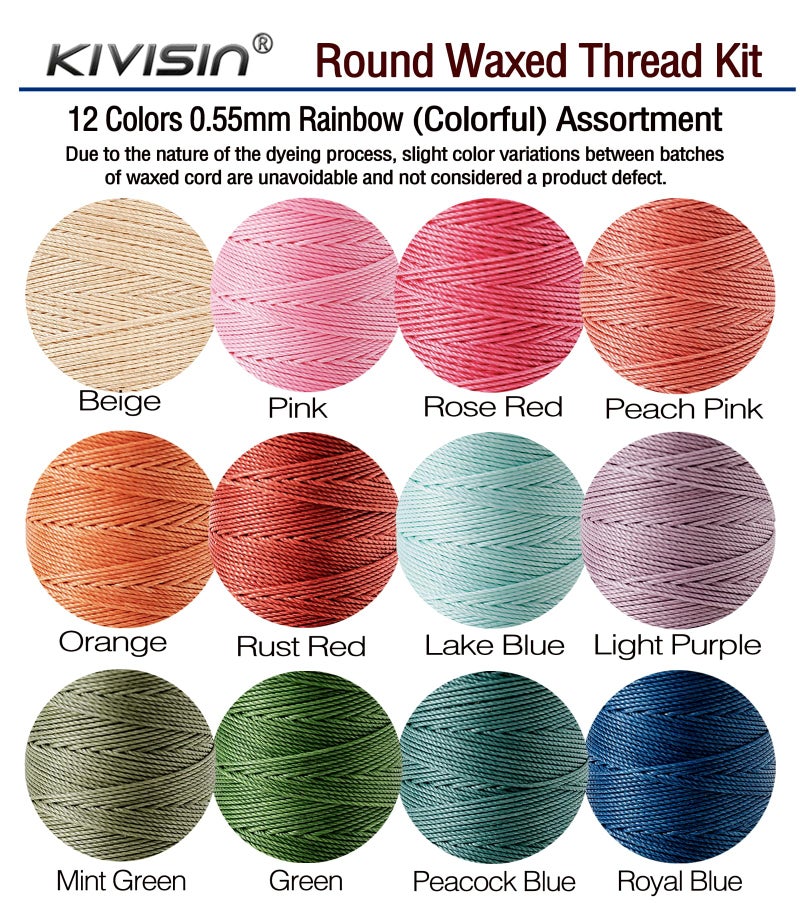 KIVISIN 0.55mm Bonded Round Waxed Polyester Thread 76 Yards Each, 12 Rainbow Color Wax Coated String Thin Cord for Micro Macrame, Bracelets Braided, Leather Sewing, Stitching, Beading and Bookbinding - Image 2