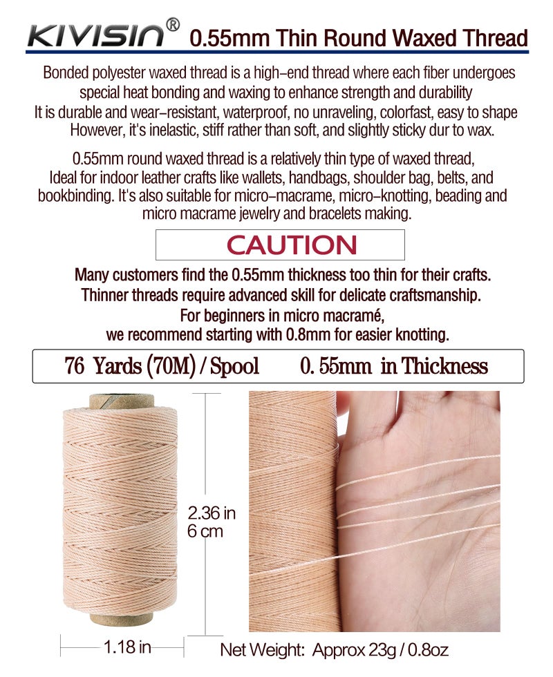KIVISIN 0.55mm Bonded Round Waxed Polyester Thread 76 Yards Each, 12 Rainbow Color Wax Coated String Thin Cord for Micro Macrame, Bracelets Braided, Leather Sewing, Stitching, Beading and Bookbinding - Image 3
