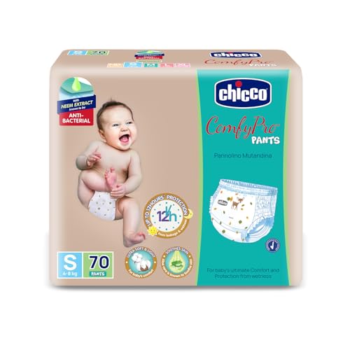 Chicco Comfy-Pro Pant Style Baby Diapers | Anti-bacterial benefits | Ultra Soft & 12hrs protection | Wetness indicator & Disposing Tapes - Small, 70 Count, 4-8 Kg - Image 1