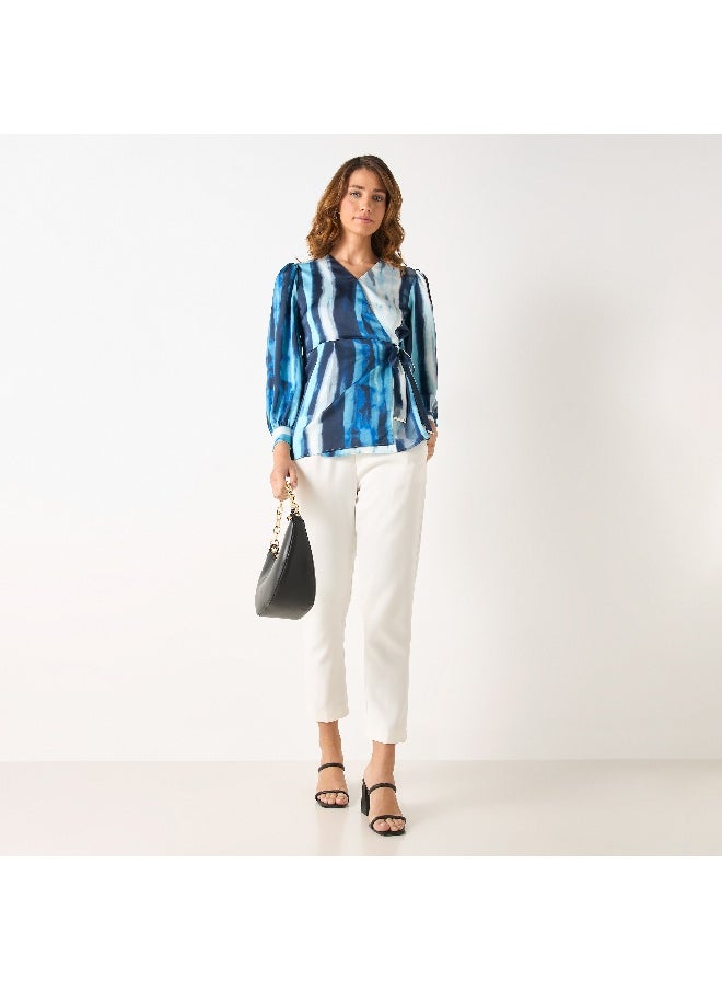 Iconic Iconic Printed V-neck Wrap Top with Long Sleeves  - Image 2