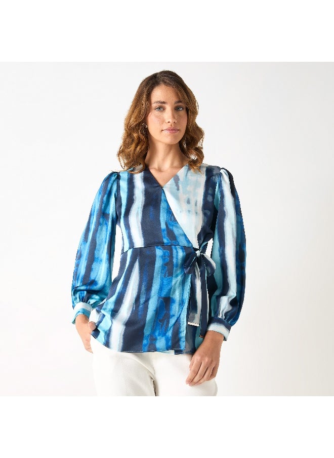 Iconic Iconic Printed V-neck Wrap Top with Long Sleeves  - Image 3