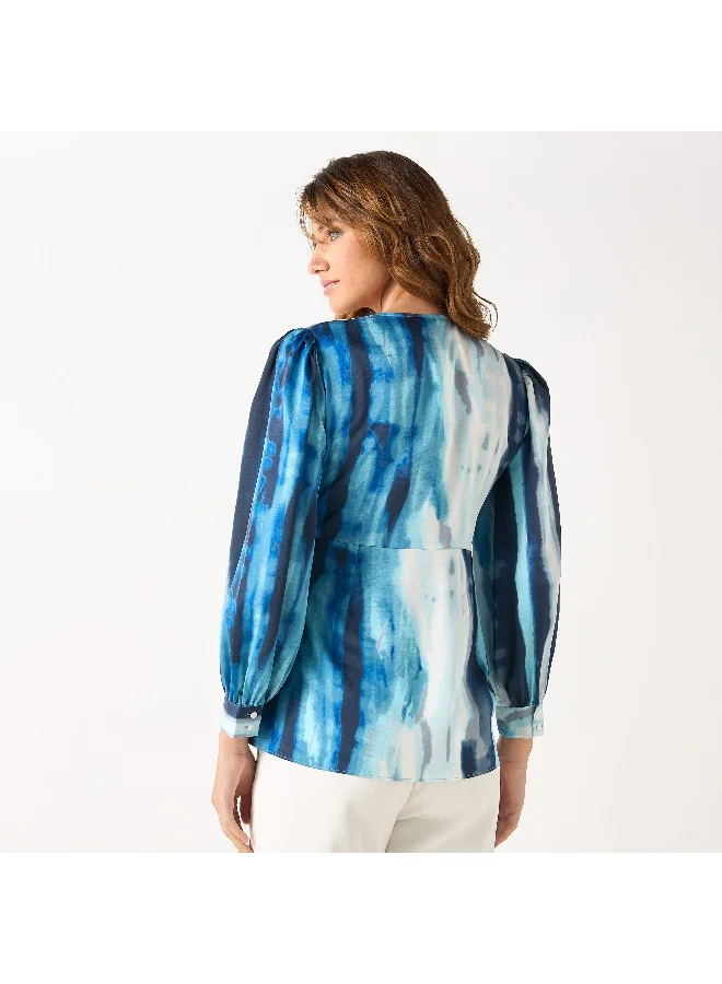 Iconic Iconic Printed V-neck Wrap Top with Long Sleeves