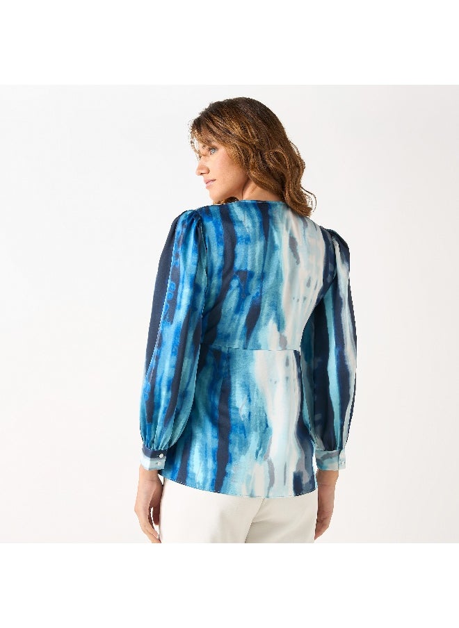 Iconic Iconic Printed V-neck Wrap Top with Long Sleeves  - Image 4