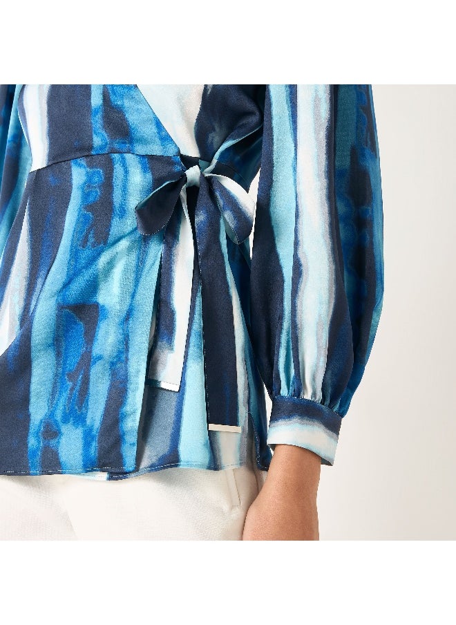 Iconic Iconic Printed V-neck Wrap Top with Long Sleeves  - Image 1