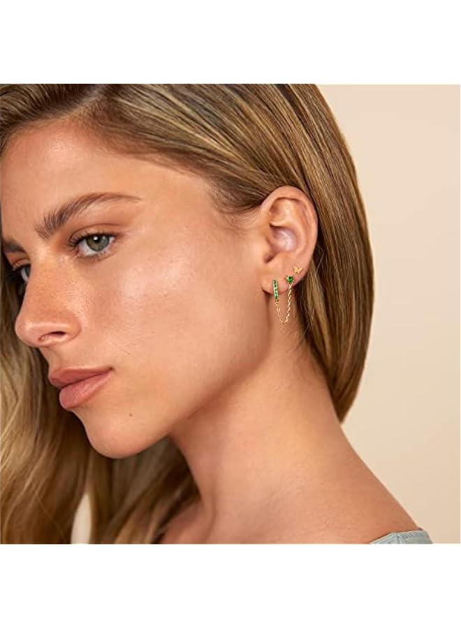PAVOI 14K Gold Chain Earrings for Women | Double Piercing Dangle Chain Huggie Hoop Earrings | Cubic Zirconia Pearl Stud Ear Cuff Earrings for Women  - Image 4