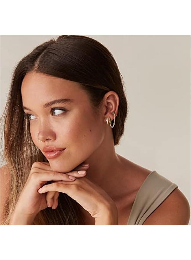 PAVOI 14K Gold Chain Earrings for Women | Double Piercing Dangle Chain Huggie Hoop Earrings | Cubic Zirconia Pearl Stud Ear Cuff Earrings for Women  - Image 5