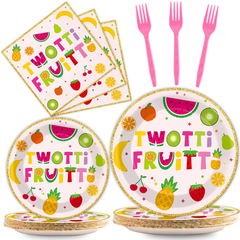 OBUSATT 96Pcs Twotti Frutti Party Supplies Summer Fruit 2nd Birthday Paper Plates Napkins Fruit Party Decorations Lemon Watermelon Pineapple Strawberry Dinnerware Favor Tableware Serves 24