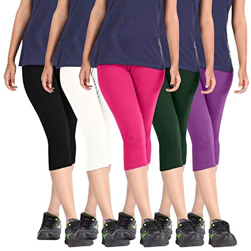 FEELBLUE Premium Cotton Strechable Women's Casual/Gym/Sports 3/4th Capri (Free Size) Combo Pack of 5 (BlackWhiteRaniPGreenPurple) - Image 1