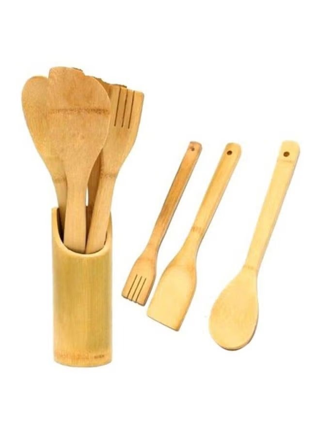 Wooden Kitchen Utensil Set with Holder – 5 Pieces Including Spoons, Fork, and Spatula for Cooking and Stirring, Elegant Natural Heat-Resistant Design, Perfect for Daily Cooking and Serving - Image 2
