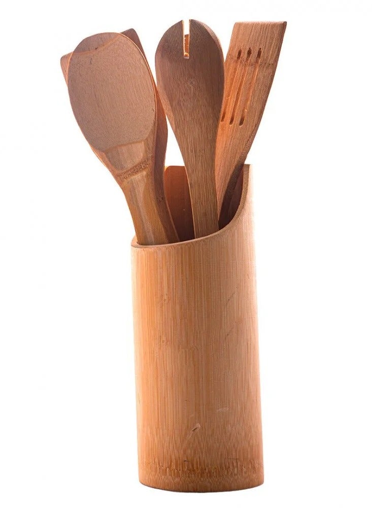 Wooden Kitchen Utensil Set with Holder – 5 Pieces Including Spoons, Fork, and Spatula for Cooking and Stirring, Elegant Natural Heat-Resistant Design, Perfect for Daily Cooking and Serving - Image 3