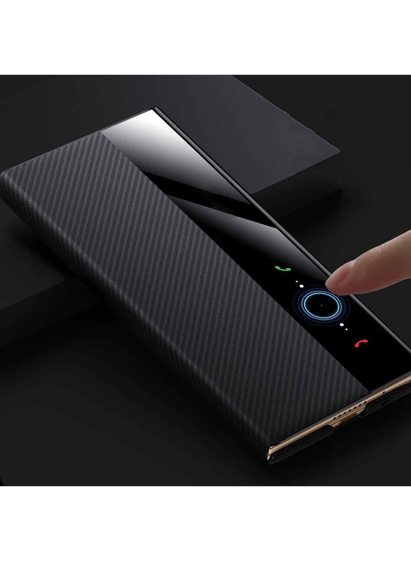 اووكاي جراب واقٍ لهاتف Huawei Mate XT، وظيفة السكون/التنشيط الذكية، نافذة عرض شفافة، جراب قلاب صلب من البولي كربونات فائق النحافة، نسيج ألياف الكربون، جراب هاتف (أسود) - Image 2