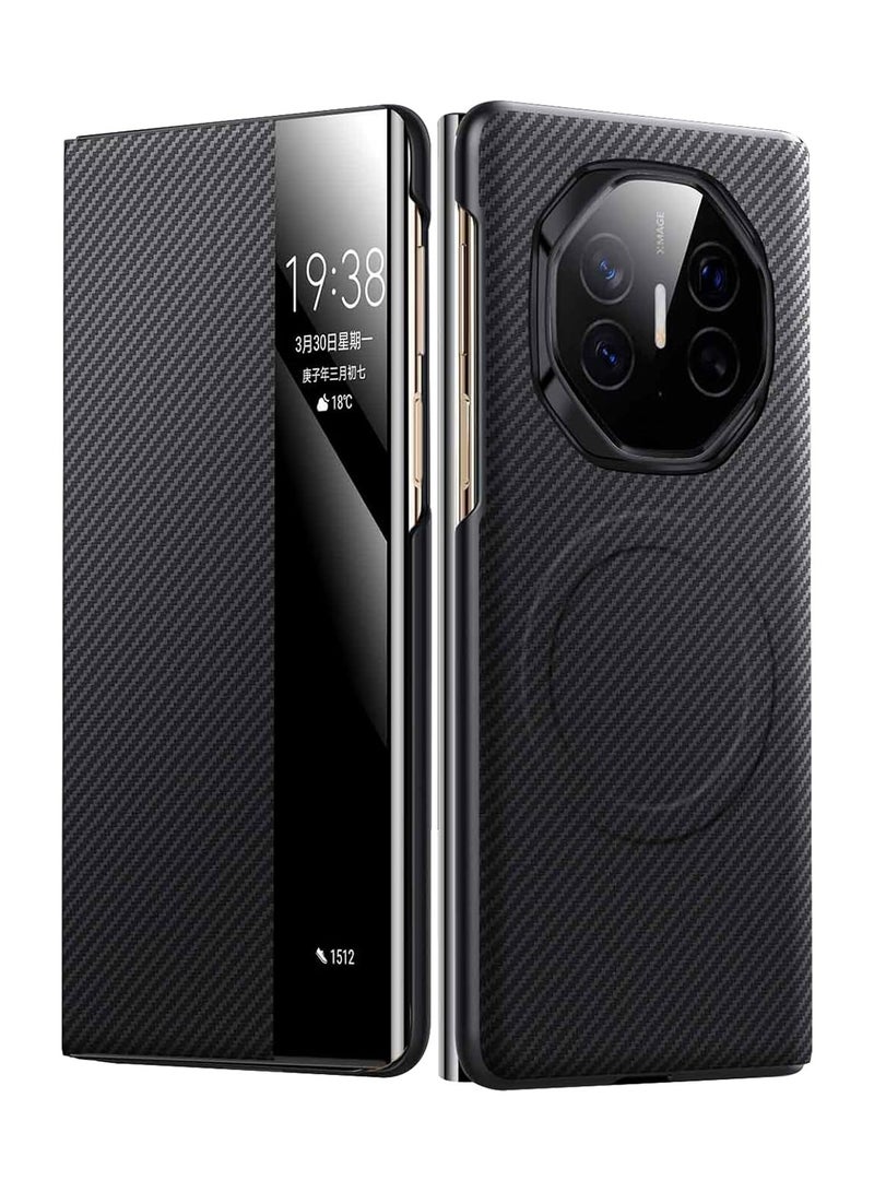 اووكاي جراب واقٍ لهاتف Huawei Mate XT، وظيفة السكون/التنشيط الذكية، نافذة عرض شفافة، جراب قلاب صلب من البولي كربونات فائق النحافة، نسيج ألياف الكربون، جراب هاتف (أسود) - Image 1
