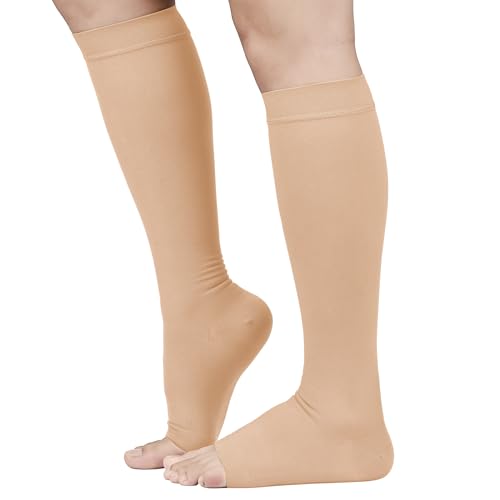 TOFLY® 30-40mmHg Medical Graduated Compression Socks for Men & Women, Open Toe Knee High Compression Socks,Firm Support for Circulation Recovery,Shin Splints,Varicose Veins,Edema,Nursing, Beige XXL - Image 1