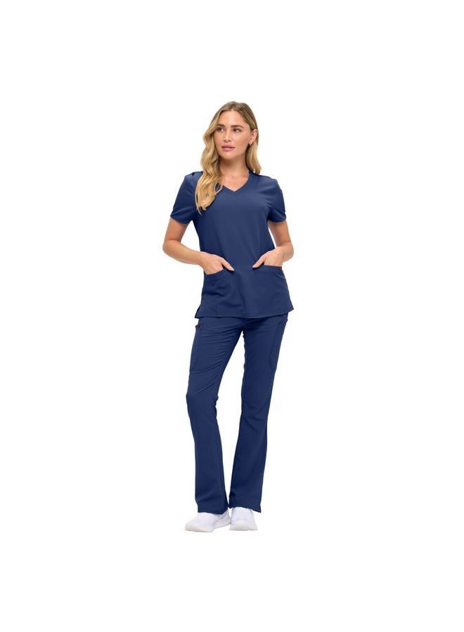 MONARCH UNIFORMS طقم سكراب نسائي ناعم ومرن مع تسعة جيوب - قميص على شكل حرف V وسروال بوت كات عالي الخصر - أزرق داكن - صغير - Image 2