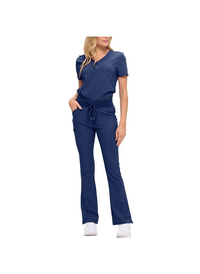 MONARCH UNIFORMS طقم سكراب نسائي ناعم ومرن مع تسعة جيوب - قميص على شكل حرف V وسروال بوت كات عالي الخصر - أزرق داكن - صغير - Image 1