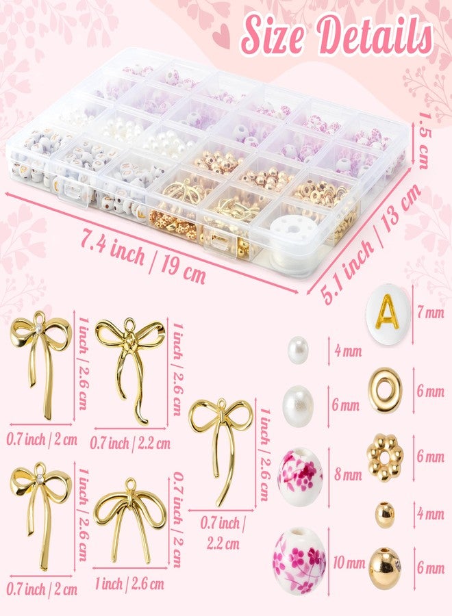 OSNIE Pink Flower Ceramic Beads - 681Pcs Vintage Pink Flower Printed Spacer Beads, Round Porcelain Pearl Gold Bead Making Kit for Women, Bow Charm DIY Jewelry Supplies Handmade Craft Gift for Necklace - Image 2