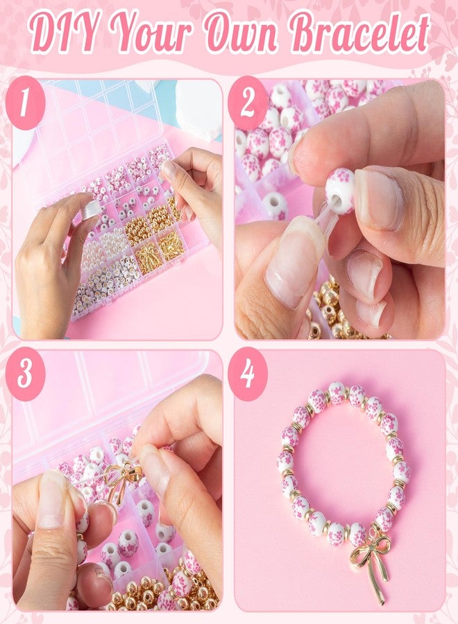 OSNIE Pink Flower Ceramic Beads - 681Pcs Vintage Pink Flower Printed Spacer Beads, Round Porcelain Pearl Gold Bead Making Kit for Women, Bow Charm DIY Jewelry Supplies Handmade Craft Gift for Necklace - Image 3