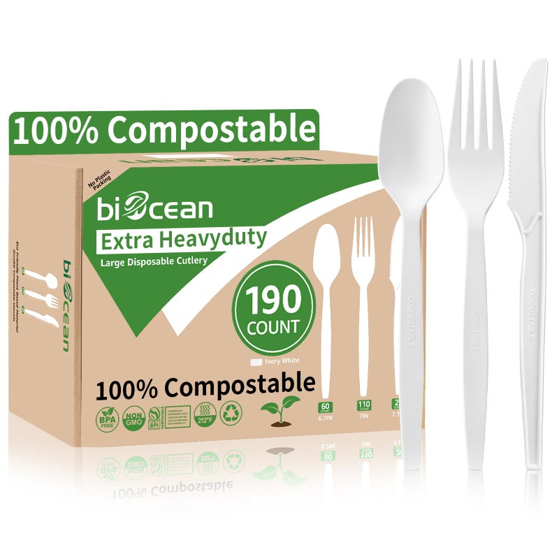 Biocean Extra Heavyduty Compostable Cutlery Set 190 Count Large Disposable Utensils No Plastic Forks Spoons Knives Biodegradable Fork Eco Friendly Silverware for PartyBBQDaily UseEventsPicnic