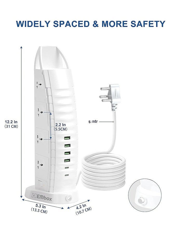 Sailboat Tower Extension Cord (Burj Model) 8 AC Outlets 6 USB (2 Type C and 4 USB Ports) l 3.6A Multi Plug Socket l 5M Length l 2 Master Switches l Vertical Power Strip - Image 3