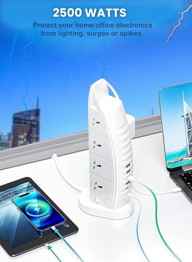 Sailboat Tower Extension Cord (Burj Model) 8 AC Outlets 6 USB (2 Type C and 4 USB Ports) l 3.6A Multi Plug Socket l 5M Length l 2 Master Switches l Vertical Power Strip - Image 4