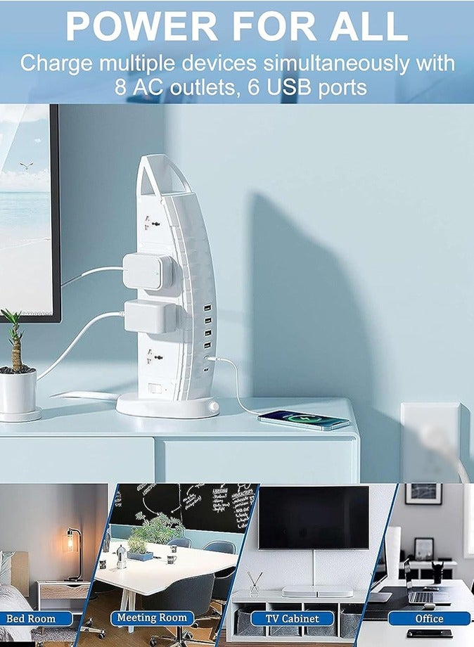 Sailboat Tower Extension Cord (Burj Model) 8 AC Outlets 6 USB (2 Type C and 4 USB Ports) l 3.6A Multi Plug Socket l 5M Length l 2 Master Switches l Vertical Power Strip - Image 5