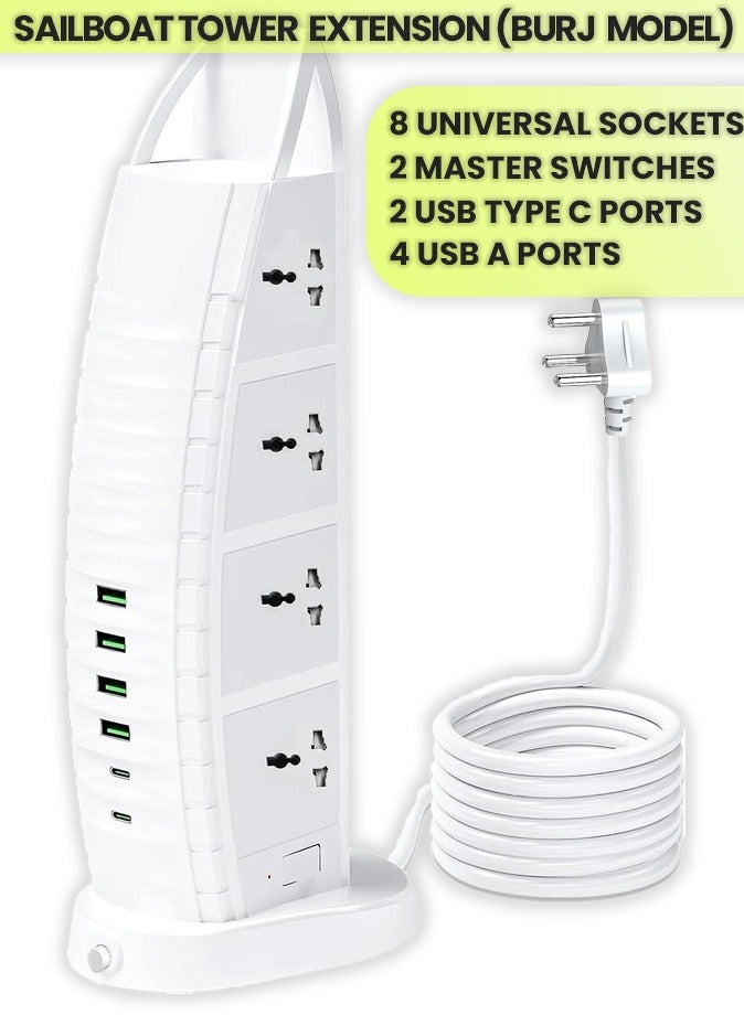 Sailboat Tower Extension Cord (Burj Model) 8 AC Outlets 6 USB (2 Type C and 4 USB Ports) l 3.6A Multi Plug Socket l 5M Length l 2 Master Switches l Vertical Power Strip - Image 1