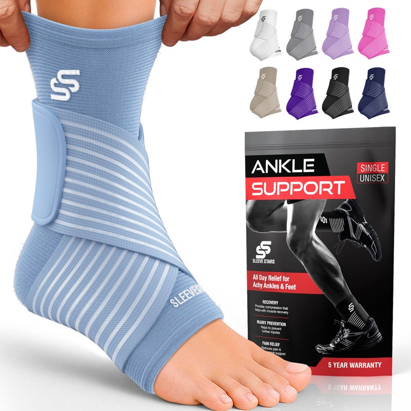 SS SLEEVE STARS Sleeve Stars Ankle Brace for Women Men Ankle Wrap for Sprain Compression Sleeve for Plantar Fasciitis Relief Easy Customizable Support w Removable Strap SingleM1012Light Blue 