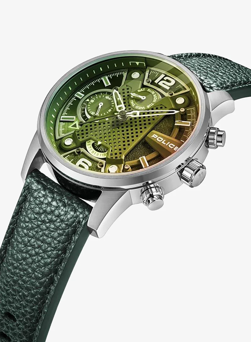 Police Lanshu 48mm Men's Multifunction Watch with Green Leather Strap